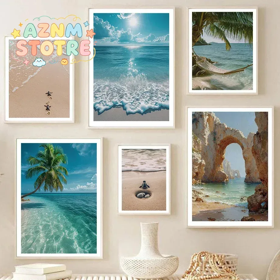 Home Fragrance Ocean Breeze - Strandschildkröte, Meereswellen, Palmenstrand, Landschafts-Posterdruck, Leinwandgemälde, Nordische